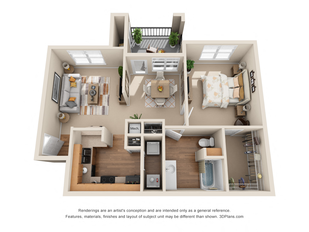Floor plan for 1 bed, 1 bath, 757 sqft